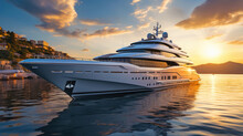 Luxury Yacht Docked At Sunset, Calm Ocean, Exclusive Seafaring Lifestyle, Moored In Harbor, Tranquil Marine Scene, Opulence