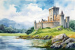 Watercolor Ireland Castle tower painting landscape background painted for illustration graphic design