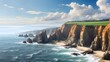 Picturesque coastal cliff view, rugged cliffs meeting the expanse of the ocean, crashing waves below, perfect for travel brochures or coastal getaway advertisements. generative ai