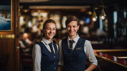 Wall Mural - Against a backdrop of a stylish restaurant interior adorned with elegant furnishings and soft lighting, a waiter and waitress pose for a portrait, their smiles bright and genuine