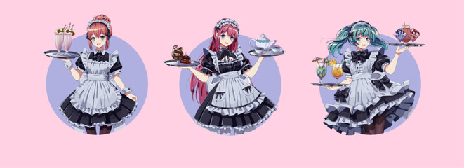 Wall Mural - Maid cafe girls in uniforms round vector avatars set. Lovely anime women holding trays with cakes and drinks round logos on pink background