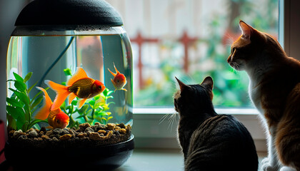 Wall Mural - cute tropical gold fish in an aquarium, two cats watching the fish, modern living room
