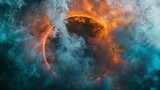 Fototapeta Konie - The mystical convergence of fire and water, the dance of the elements. A ring of fire illuminates the dark abyss, casting an ethereal glow that emphasizes the stormy waves below