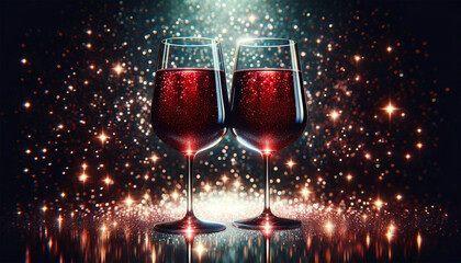 Two glasses of wine on a shiny red background. Glasses of wine with croissant outline.