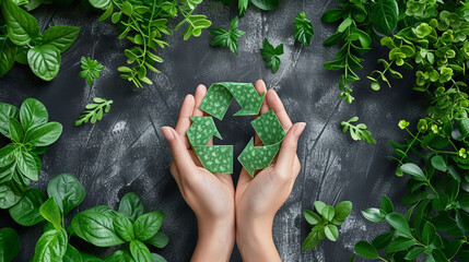 Wall Mural - recycle symbol on hand background