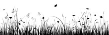 Meadow Border. Grass Silhouette With Flowers, Herbs, Bees. Spring, Summer, Easter Or Ecology Banner