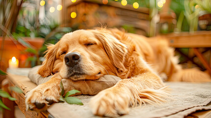 Wall Mural - Relaxed dog laying on massage. Closeup shot.