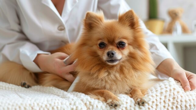 Tiny pom prances into posh pet spa, ready for a pampering session with expert groomers. Sparkling eyes and wagging tail await a luxurious transformation