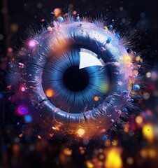 Poster - A blue eye with colorful particles around it. Generative AI.