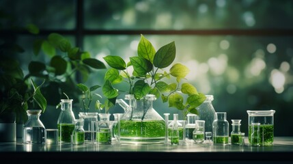 Poster - Close-up of beakers and test tubes with liquid and plant leaves in a research laboratory. Experiment on greenleaf, Research and development in the field of biotechnology, Chemistry, Pharmaceuticals.