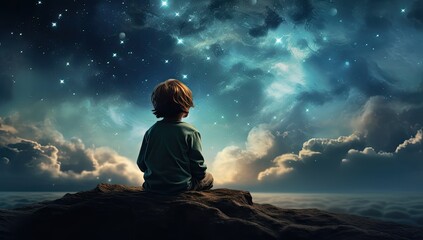 A child gazes up at a starry night sky, embodying the innocence and boundless dreams of youth