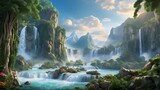 Waterfalls mystical forest, fantasy, fairy tale, magical, generative AI