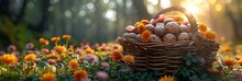 Easter Eggs Basket Flowers Background, Banner Image For Website, Background, Desktop Wallpaper