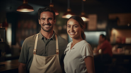 Wall Mural - Within the intimate confines of a cozy café, a waiter and waitress stand in perfect harmony, their smiles infectious as they welcome guests with open arms