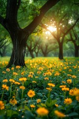 Poster - Landscape with dandelions, green grass, trees, and flowers in spring. Tranquil background, sunlight. Scenic backdrop with meadow.
