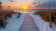 Long boardwalk leading to the white sand beach and ocean, generative ai