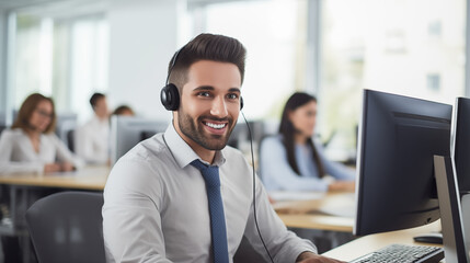 Poster - a bustling call center office, a dedicated male operator wears a headset while working on his computer