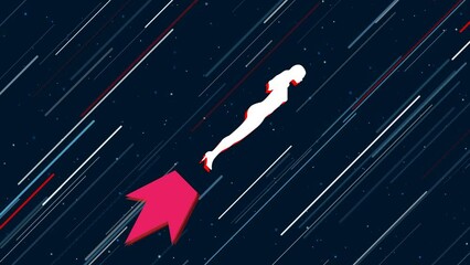 Poster - Woman silhouette flies through the universe on a jet propulsion. The symbol in the center is shaking due to high speed. Seamless looped 4k animation on dark blue background with stars