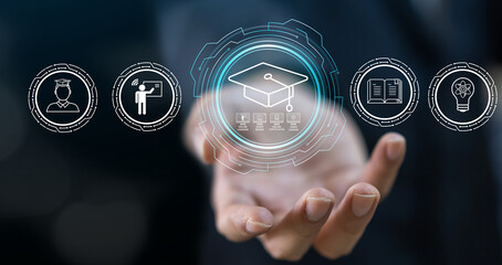 Wall Mural - human hold technology internet learning and study online class webinar technology, e-learning, onlin