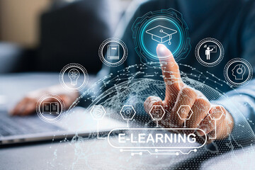 Wall Mural - human with technology internet learning and study online class webinar technology, e-learning, onlin