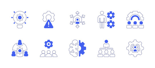 Wall Mural - Manager icon set. Duotone style line stroke and bold. Vector illustration. Containing solution, gear, outsourcing, business people, risk management, team work, team, machine learning, hierarchy.