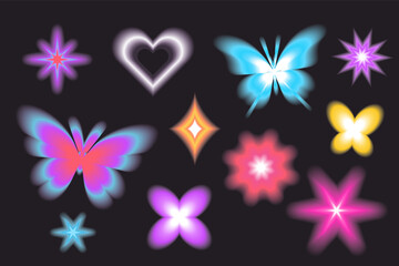 Sticker - Aura butterfly y2k futuristic aesthetic figure collection, neon abstract blurry shapes isolated on dark background.