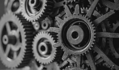 Wall Mural - abstract mechanical b&w macro closeup of a weared gears with scratches as wallpaper, generative AI