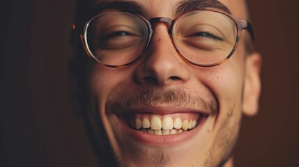 Wall Mural - Smiling man with glasses showing teeth against blurred background.