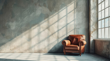 Brown luxury leather armchair in a large empty industrial style space with large window and shadow on rough concrete wall