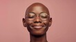 Smiling bald man with glasses pink background content expression closed eyes relaxed posture portrait style modern aesthetic.