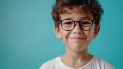 A young boy with curly hair and glasses smiling at the camera against a blue background.