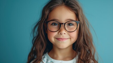 Wall Mural - Young girl with glasses smiling against a blue background.