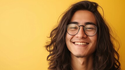 Wall Mural - Young man with long hair and glasses smiling against a yellow background.