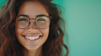 Wall Mural - A smiling woman with glasses and brown hair against a teal background.