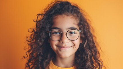 Young girl with curly hair and glasses smiling against an orange background.