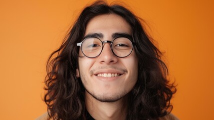 Wall Mural - Young man with long curly hair and glasses smiling against an orange background.