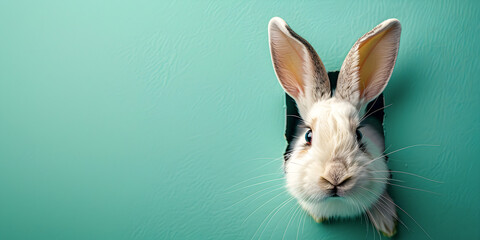 Wall Mural - White cute bunny peeking out of a hole in blue pastel wall.