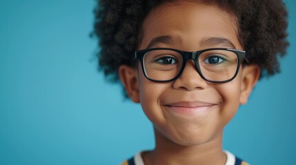 Wall Mural - A young child with curly hair wearing glasses and smiling at the camera against a blue background.