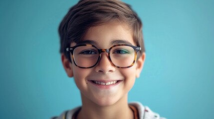 Wall Mural - A young boy with glasses smiling against a blue background.