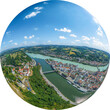 Die Dreiflüssestadt Passau am Zusammenfluß von Donau, Inn und Ilz im Luftbild, Little Planet-Ansicht, freigestellt