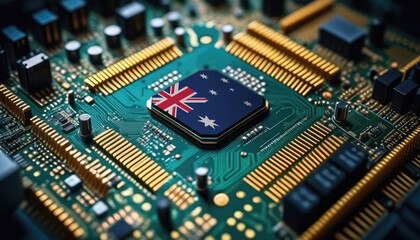 Wall Mural - Australia flag on a processor, CPU or microchip on a motherboard. Concept for the battle of global microchips production.