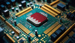Bahrain flag on a processor, CPU or microchip on a motherboard. Concept for the battle of global microchips production.