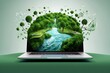 Technology with nature concept.Laptop screen with Green Globe and tree on it. Carbon efficient technology. Digital sustainability. Eco-friendly technology for the Sustainable Development Goals.SDGs. 
