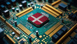 Denmark flag on a processor, CPU or microchip on a motherboard. Concept for the battle of global microchips production.