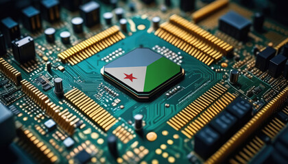 Wall Mural - Djibouti flag on a processor, CPU or microchip on a motherboard. Concept for the battle of global microchips production.