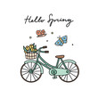 Cute bicycle clipart. Hello spring hand drawn card. City bike and with basket and butterflies on white background