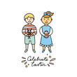 Cute kids clipart for Easter. Easter card vector card. Little boy and girl celebrate Easter