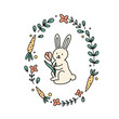 Cute hand drawn floral wreath. Easter bunny vector card clipart