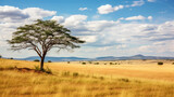 Fototapeta Sawanna - Lone tree standing tall in vast African savannah under a cloudy sky