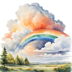 Wall Mural - Watercolor landscape of trees and rainbow among fluffy clouds background painting for wallpaper banner print